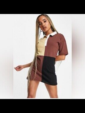 Night Addict NWT Panelled Rugby oversized Shirtdress sz MEDIUM black camel brown